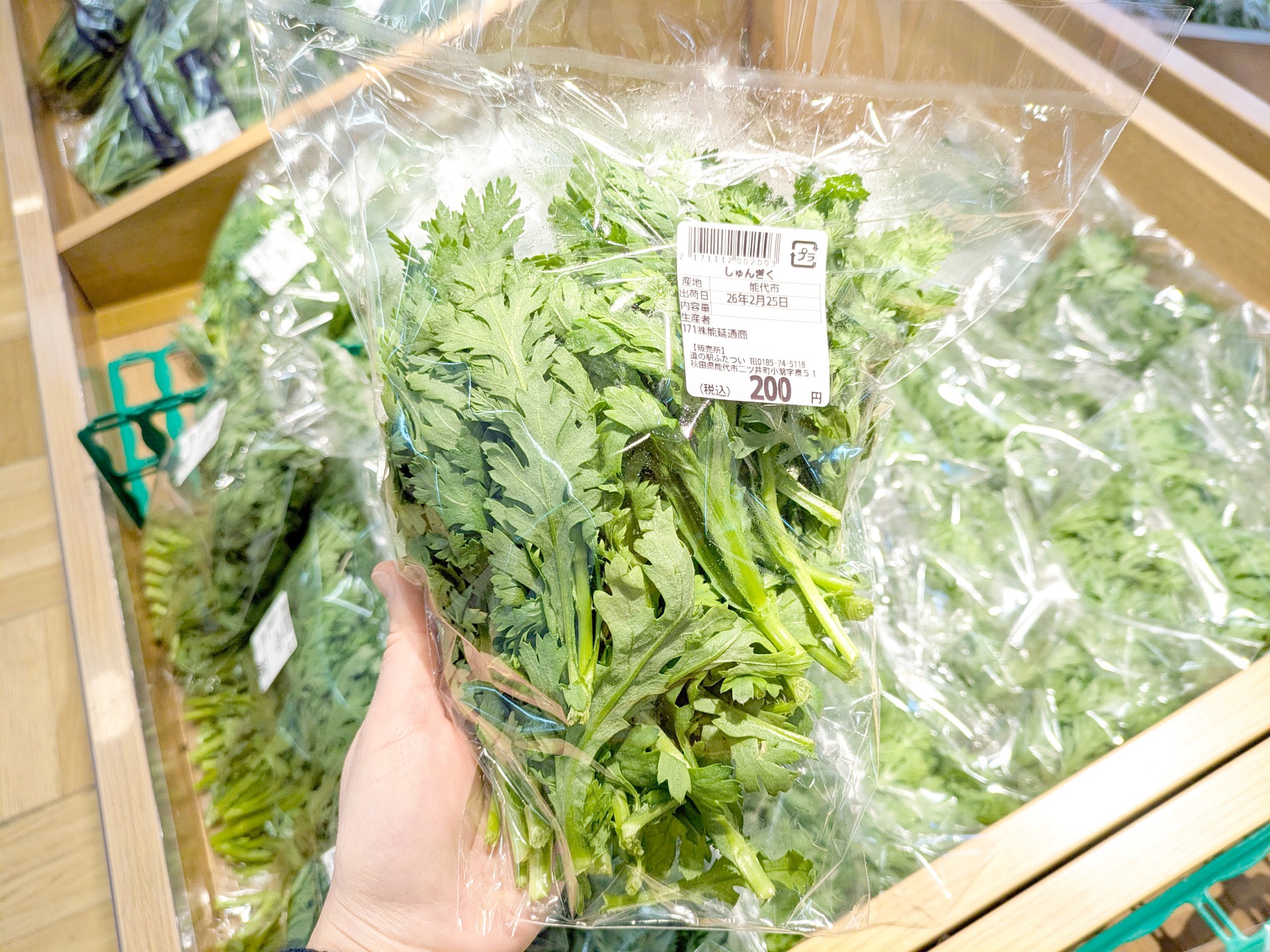 【　春菊いっぱいあります！　】

こんにちは🌞

雪が落ち着いてきたため、
売り場は少しずつお野菜が増えてきました！
今日のおすすめは能代市・北秋田産の『春菊』✨
春菊の旬は11月～3月頃で今がピーク！
寒さで葉が柔らかくなり、香りと風味が最も増しています！

春菊を食べる前は水でよく洗い、
サラダやおひたし、天ぷらにすると◎
オリーブオイルとレモンを合わせても◎

是非ご賞味くださいませ～！
ご来店お待ちしております😊

#道の駅 #道の駅ふたつい #春菊 #野菜 #産直 秋田県 #秋田 #能代市 #能代 #二ツ井町 #二ツ井 #秋田観光 #秋田おでかけ #秋田旅行 #秋田を旅しよう #能代観光